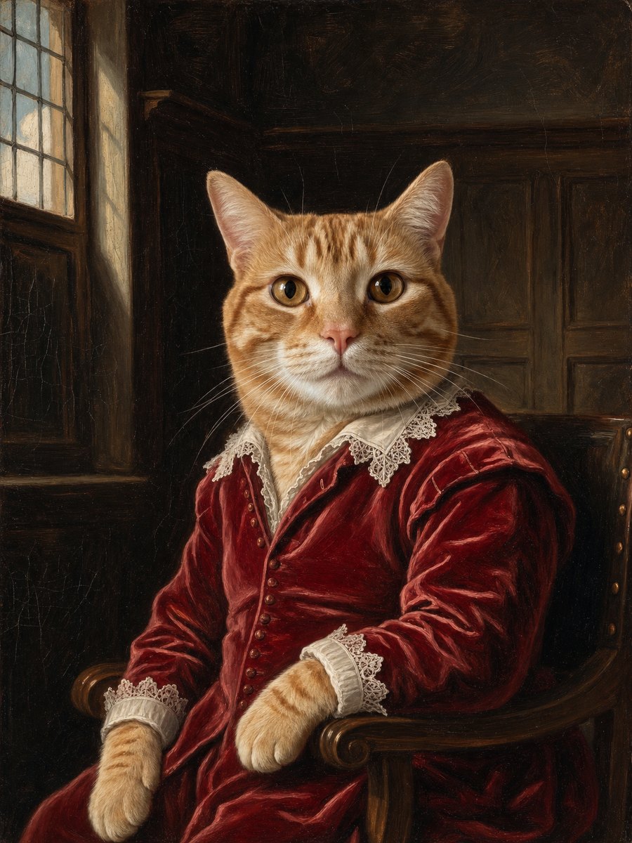 Orange tabby rendered as a Baroque portrait