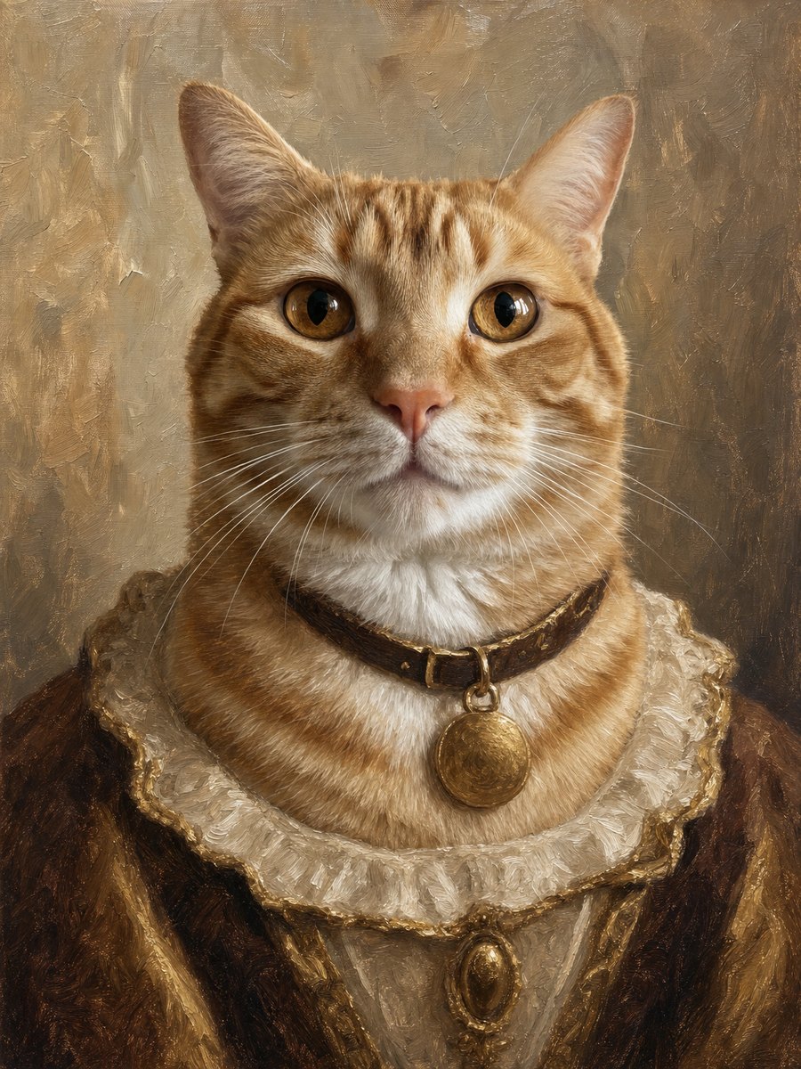 An orange tabby painted as an oil portrait