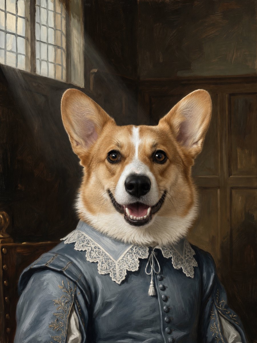 The same corgi rendered as a Baroque portrait