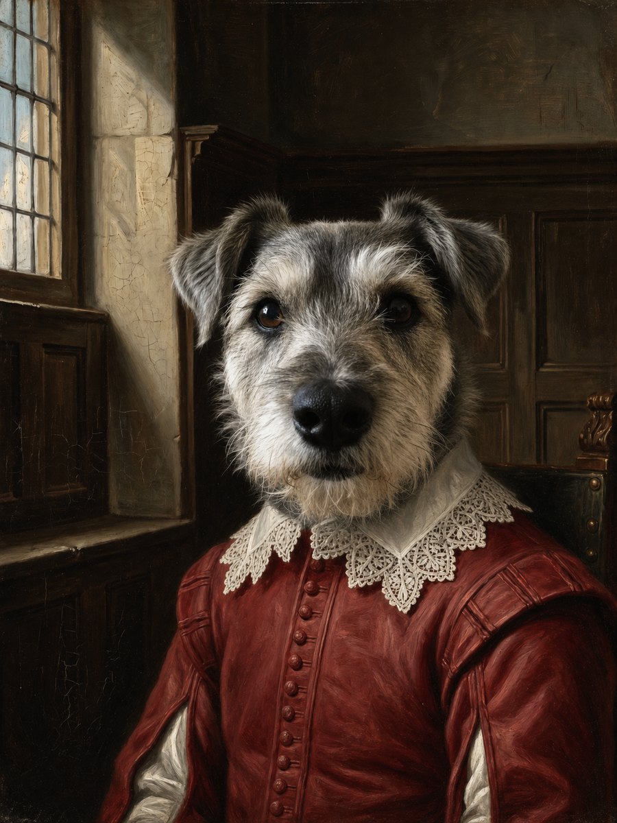 Terrier rendered as a Baroque portrait