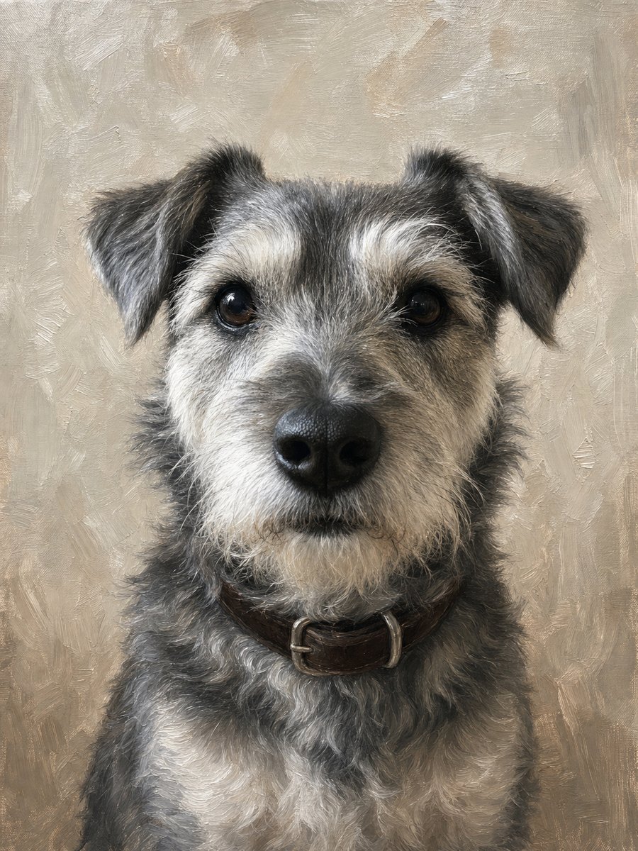 A terrier painted as an oil portrait