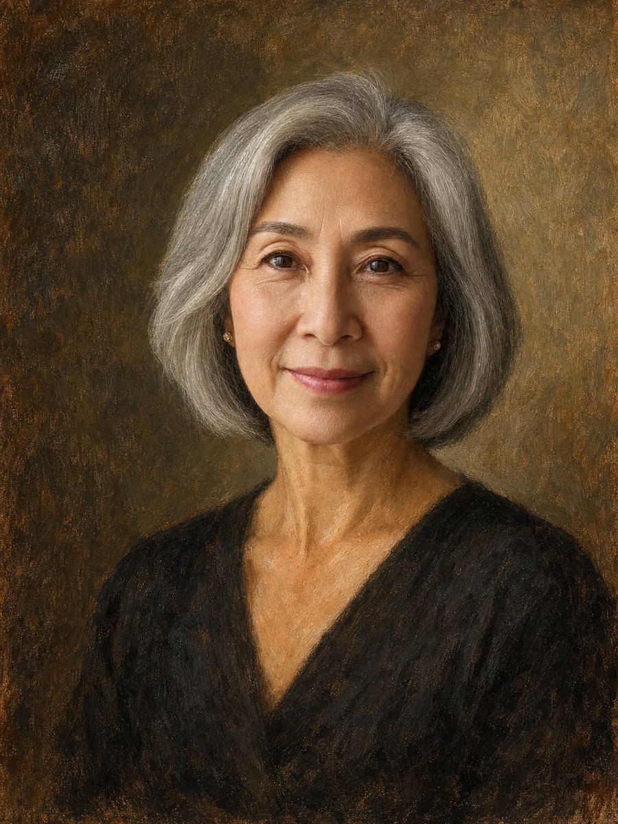 A grandmother painted as an oil portrait
